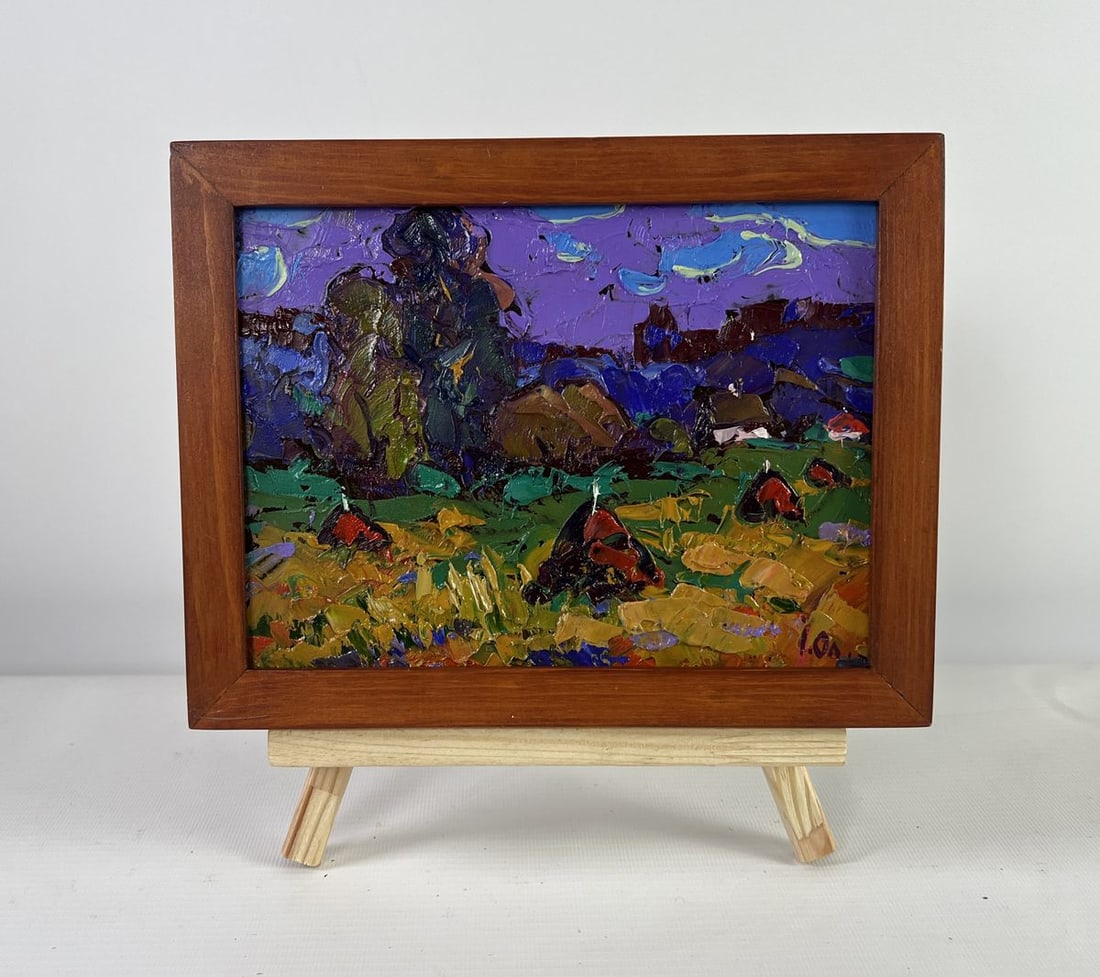 Oil painting Evening coolness before the rain Alex Kalenyuk: AAA5149 The oil painting on Cardboard titled "Evening Coolness Before The Rain" captures a fleeting yet deeply atmospheric moment just before nature transitions into rainfall. The composition is ba Th