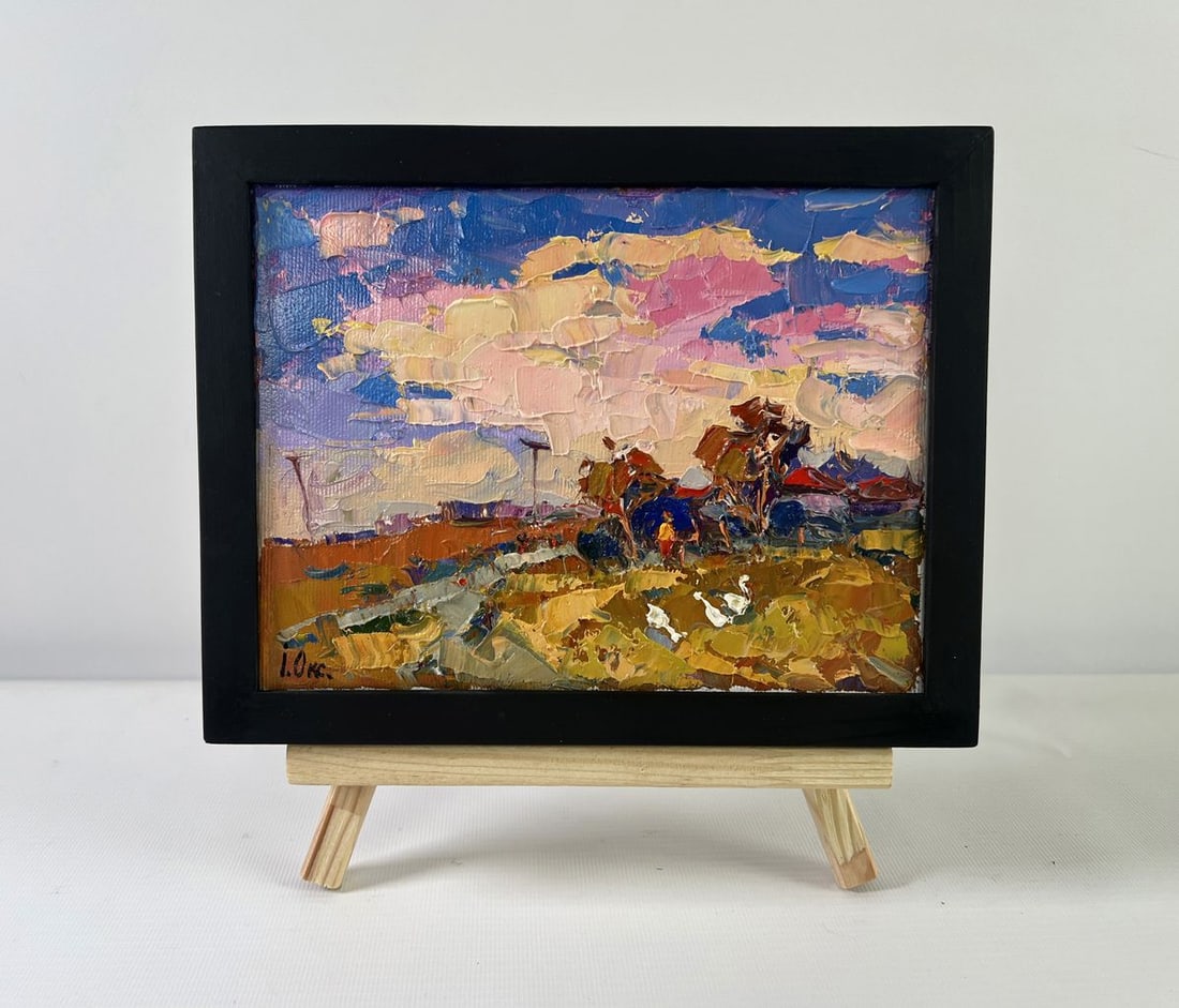 Oil painting Evening pink clouds Oksana Kalenyuk: AAA5204 The oil painting on Canvas titled "Evening Pink Clouds" captures The poetic stillness of a countryside dusk, where The sky becomes a stage for natures final light show. Executed in a bold impa
