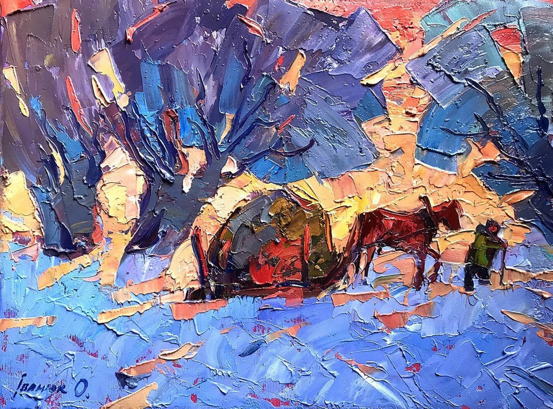 Oil painting Frosty evening Kalenyuk Alex: Kalen 1020 This oil painting depicts a serene winter landscape, with a man, a horse and a cart being The main focus in The foreground. In The background, There are three towering trees, Their branches