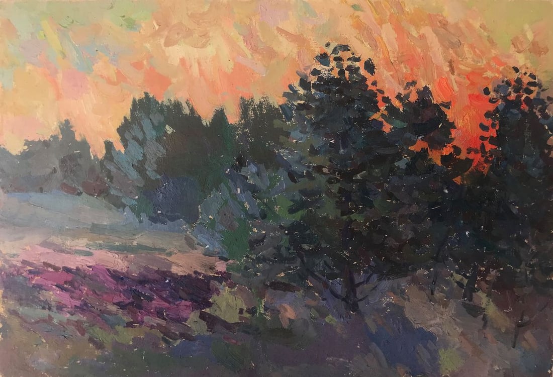 Oil painting Sunset behind the forest Peter Tovpev: AAA2223 Welcome to "Sunset behind The forest"! This beautiful oil painting depicts a peaceful forest scene, with a warm glowing sunset in The background. The soothing colors and tranquil atmosphere ar