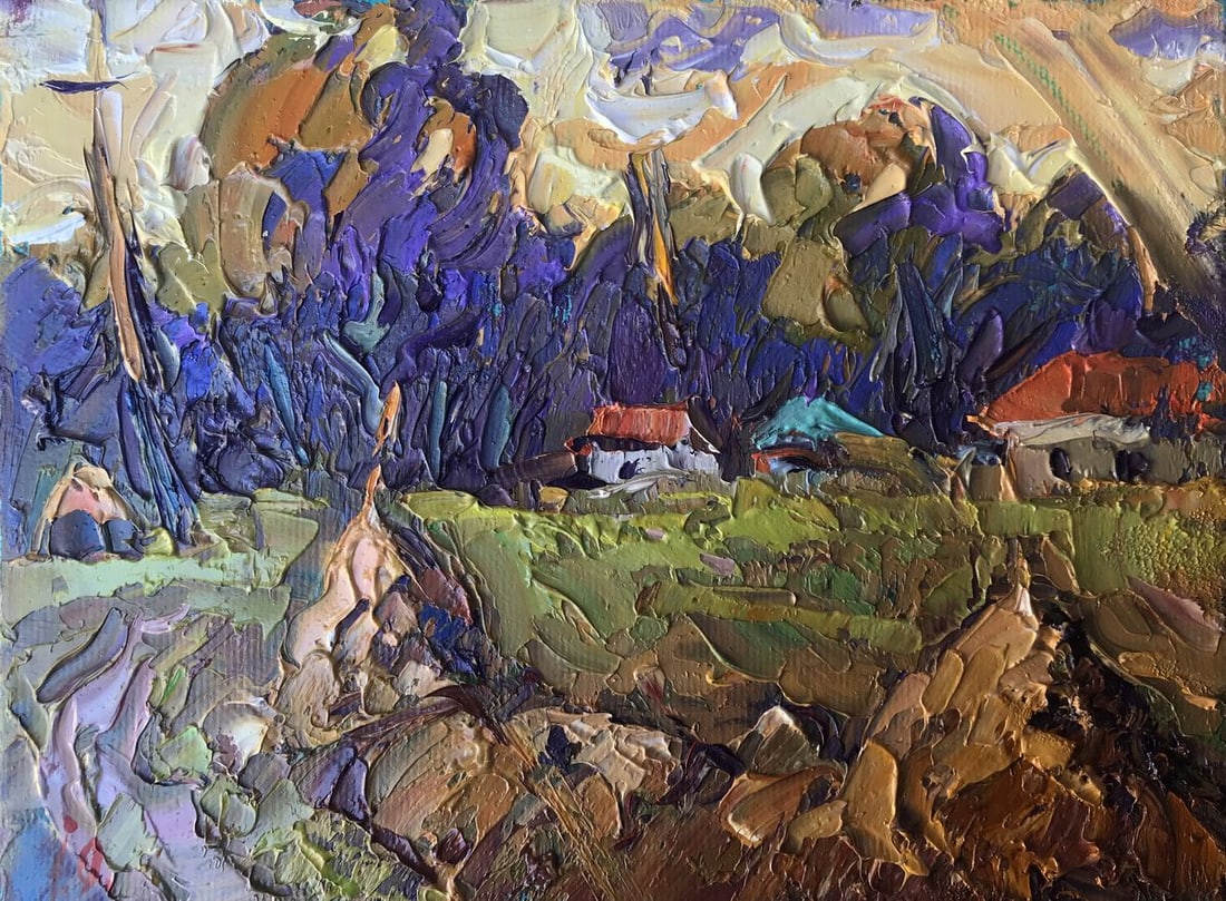 Oil painting The edge of the village Kalenyuk Alex: AAA2825" The Edge of The Village" is an exquisite oil painting that captures The enchanting beauty of an autumn landscape. The canvas portrays a serene and idyllic scene, inviting viewers to immerse T
