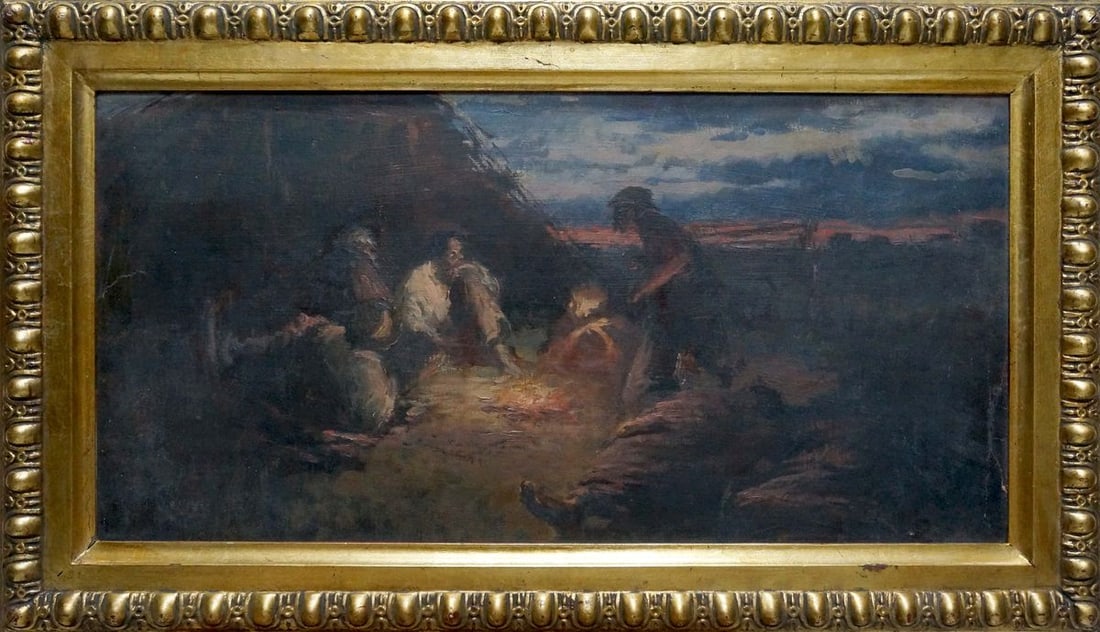 Oil painting Evening, people rest: Vern 1547 *** ABOUT THIS PAINTING *** * TITLE: "Evening, people rest" * ARTISTS: Unknown artist * SIZE: 32x62 cm/12.59x24.40 inches', frame size: 43x74 cm/16.92x29.13 inches' * MEDIUM: oil, cardboard 