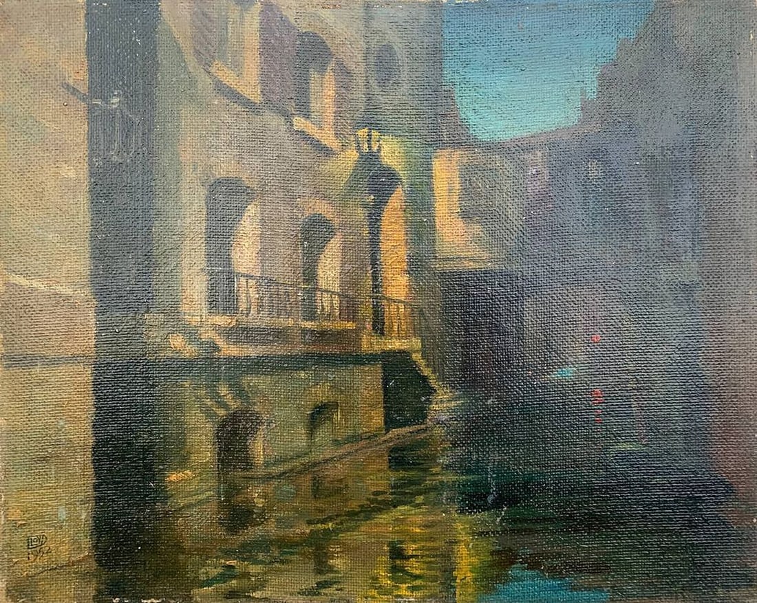Oil painting Black Canal in Venice L. Loyd: 1597 *** ABOUT THIS PAINTING *** * TITLE: "Black Canal in Venice" * ARTISTS: L. Loyd * SIZE: 34x43 cm/13.38x16.92 inches' * MEDIUM: oil, cardboard * HAND PAINTED: Original painting from our