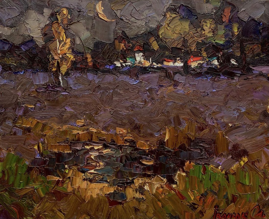 Oil painting Moonlit Night in the Field Oleksiy Ivanyuk: Kalen 1572 The oil painting on Canvas titled "Moonlit Night in The Field" captures a quiet, contemplative moment under The deep cover of night, revealing The rich emotional weight and atmospheric