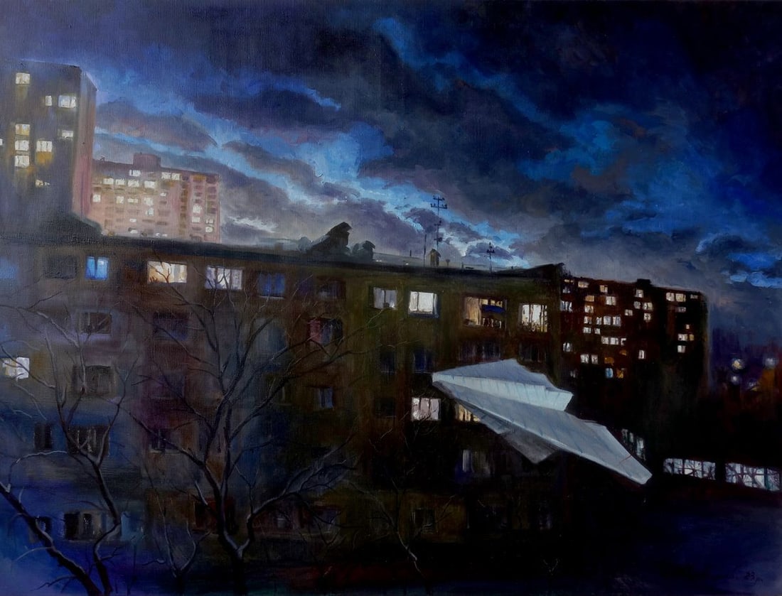 Oil painting New Year Varvarov Anatoly Viktorovich: Varv 195 The oil painting "New Year" depicts an urban landscape at dusk, resonating with The quietude and contemplation often associated with The transition into The new year. The scene is set against