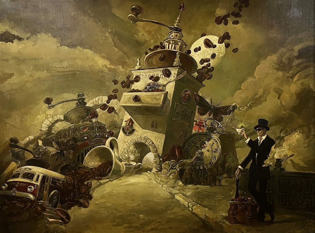 Oil painting Coffee Picnic Yuriy Laptev: Galler 33"Coffee Picnic" by Yuriy Laptev is a whimsical and surreal depiction of a world dominated by coffee culture. The painting features fantastical elements such as coffee beans flying through