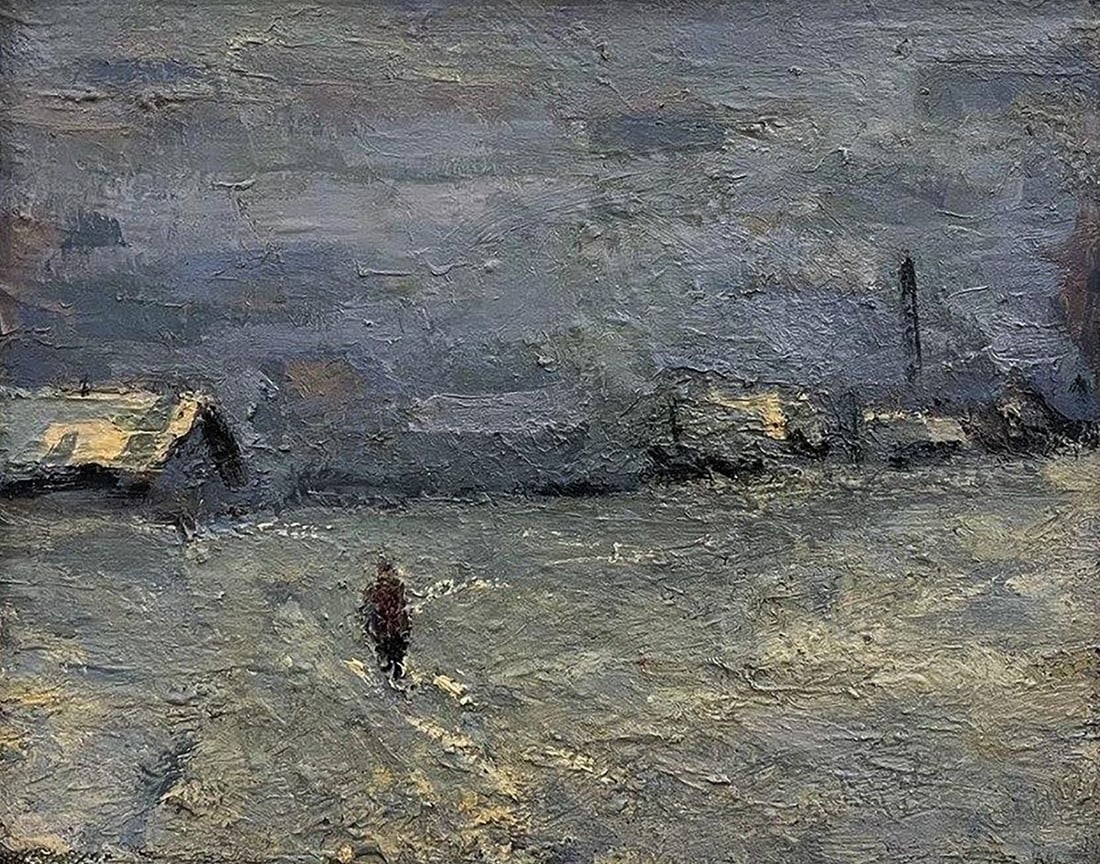 Oil painting Evening in the village Volodymyr Pashchenko: Galler 40"Evening in The Village" by Volodymyr Pashchenko captures a serene yet melancholic rural landscape during dusk. The painting is dominated by muted gray and blue tones, suggesting The quiet, c