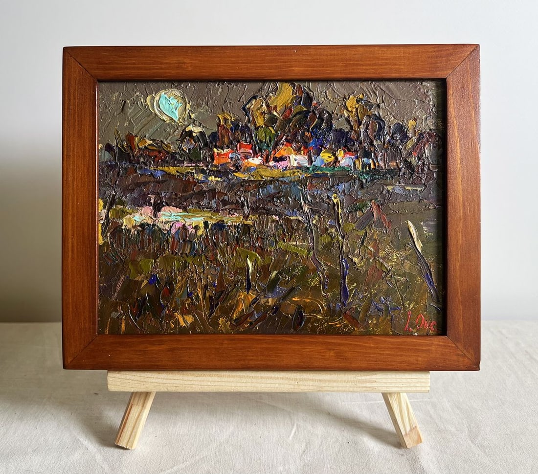 Oil painting Evening silence in the village Alex Kalenyuk: AAA3843This oil painting cardboard, titled "Evening silence in The village", The composition is balanced, with The foreground dominated by wild grasses and reeds, rendered in earthy browns, deep