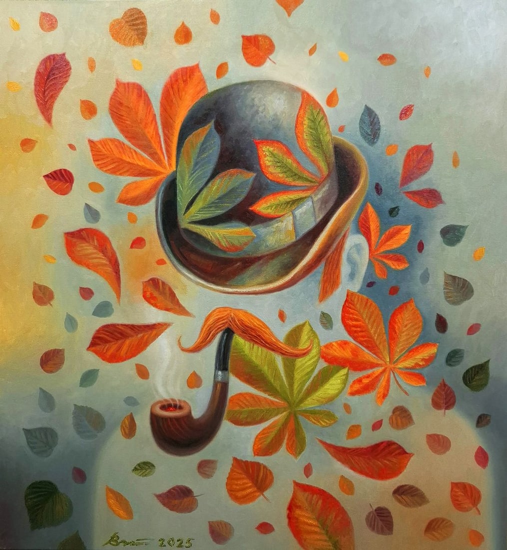 Oil painting Invisible Among the Foliage Sergey Voichenko: Voich 168Oil painting Invisible Among the Foliage Sergey Voichenko is a refined surreal composition where a floating hat, pipe, and stylized mustache merge with drifting autumn leaves, creating a poet