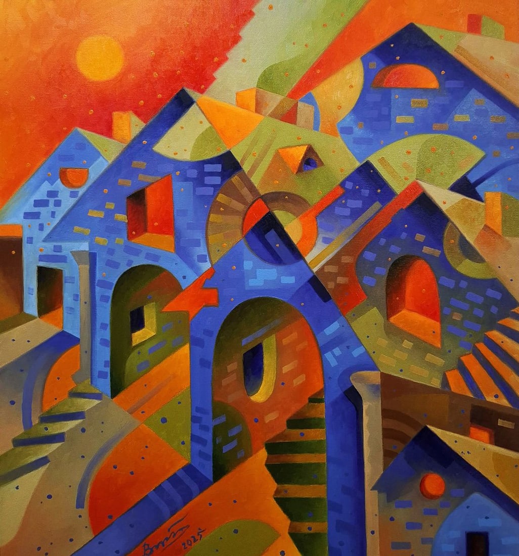 Oil painting Sunset in the Suburbs Sergey Voichenko: Voich 176Oil painting Sunset in the Suburbs Sergey Voichenko is a mesmerizing contemporary composition that blends geometric abstraction, surreal atmosphere, and architectural fantasy into a powerful 