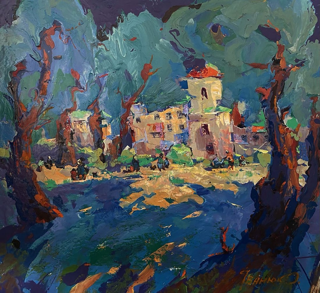 Oil painting Fairground square Oleksiy Ivanyuk: Kalen 1621The oil painting on Canvas titled "Fairground Square" immerses the viewer in a vibrant celebration of communal life, rendered with expressive brushwork and a joyful palette. At the heart of 
