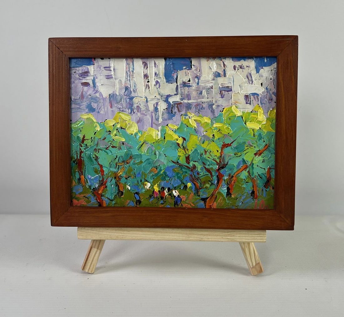 Oil painting Spring in the city Alex Kalenyuk: AAA5146The oil painting on Cardboard titled "Spring in the City" presents a vivid and poetic vision of urban nature coming to life under the caress of spring. Through bold impasto techniques and an el