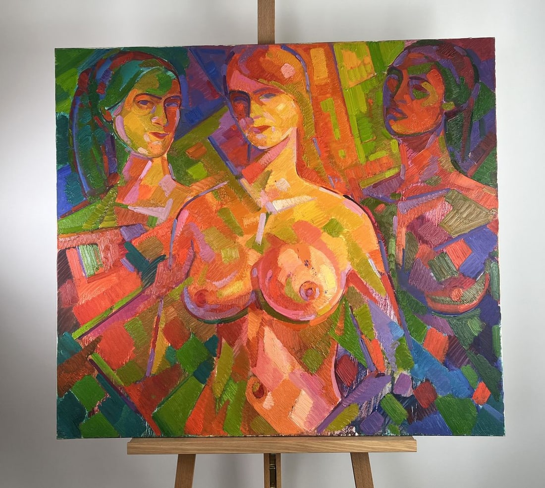 Oil painting Under the water curtain Pavel Dobrev: AAA5153The oil painting on Canvas titled "Under the Water Curtain" is an explosion of chromatic intensity and abstracted form that invites the viewer into a dreamlike realm, where human presence and e