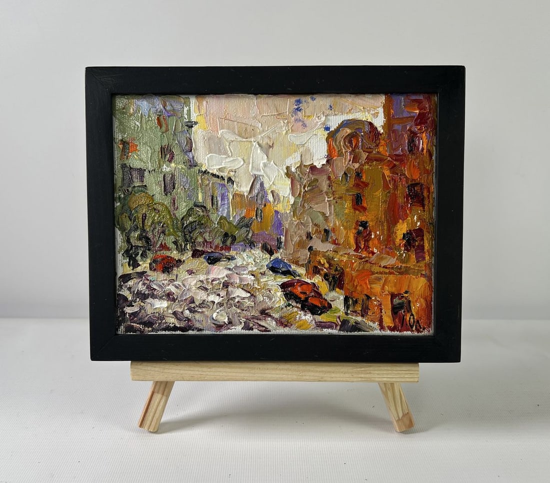 Oil painting City in the morning Alex Kalenyuk: AAA5263The oil painting on Canvas titled "City in the Morning" encapsulates the raw and unfiltered energy of an awakening urban landscape. Composed in thick impasto, this expressionist work immerses t