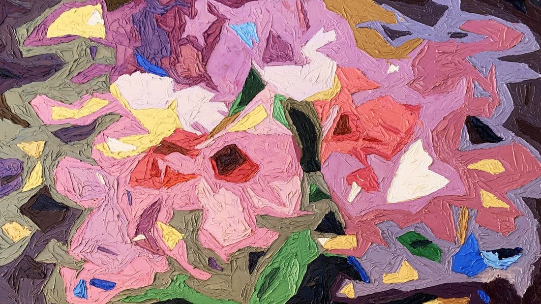 Oil painting Fragments of flowers Oleksandr Gukalov: AAA3238"Fragments of Flowers" is an abstract oil painting that captures the essence and beauty of flowers through a series of vivid, fragmented shapes and bold colors. The composition is a rich
