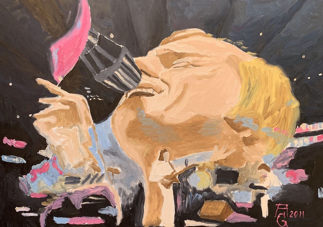 Oil painting Karaoke Oleksandr Gukalov: AAA3253The painting "Karaoke" is an expressive and dynamic oil on canvas piece that captures the energy and passion of a live performance. The artist employs a vivid and contrasting color palette,