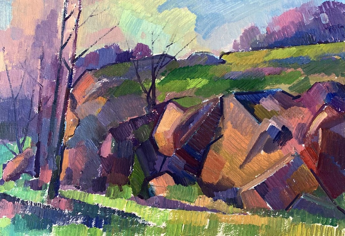 Oil painting Rocks Peter Tovpev: AAA3391"Rocks" is a vibrant oil painting that captures the rugged beauty of a rocky landscape. The artist uses bold, dynamic brushstrokes and a vivid color palette to bring the scene to life,