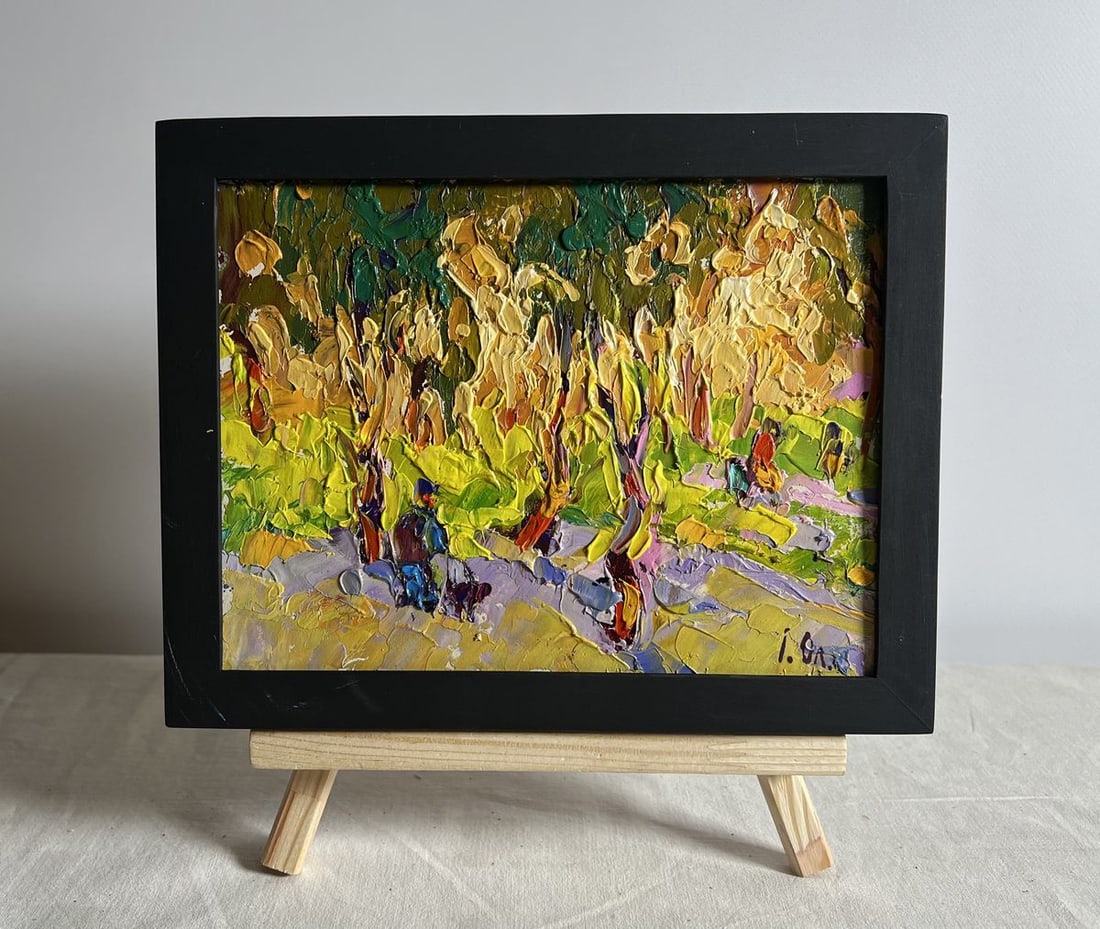 Oil painting On a walk in the morning in autumn Alex Kalenyuk: AAA3885This oil painting cardboard, titled "On a walk in the morning in autumn", the painting evokes a sense of warmth and tranquility, inviting the viewer to experience the peaceful charm of a