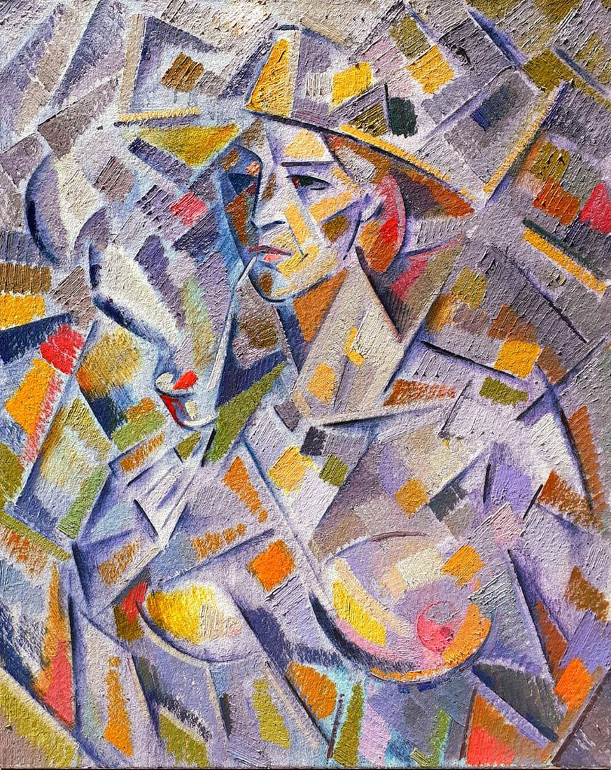 Abstract oil painting Portrait of Henriette Peter Tovpev: Dobr 834 The oil painting portrays a naked girl named Henrietta in an abstract style, rendered in a blend of warm and muted colors. The dominant hues include yellow, brown, gray, and white, creating
