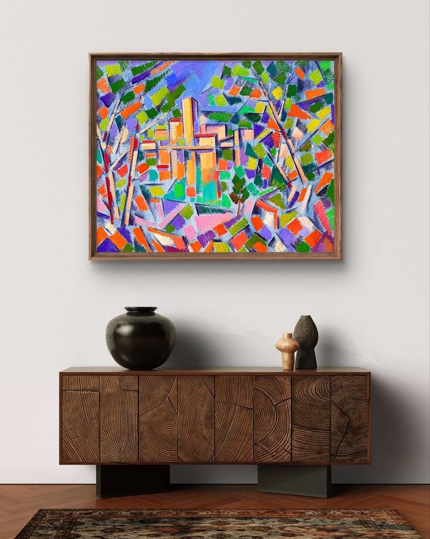 Abstract oil painting City behind the trees Peter Tovpev - 2
