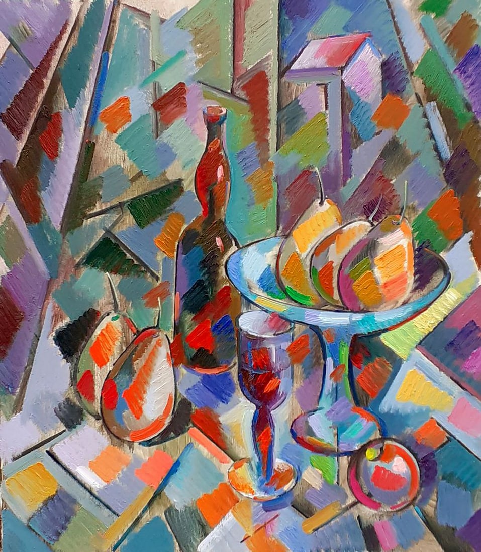 Abstract oil painting Sweet still life Peter Tovpev: Dobr 837 The oil painting depicts a still life scene of a table set with a vase of pears, a bottle of wine, and a cup of wine. The painting is created in an impressionist style, with a teal color pale
