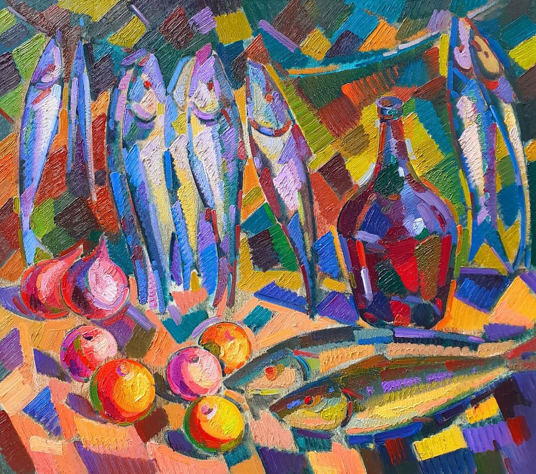 Oil painting Fruit and wine Peter Tovpev: Dobr 851"Fish, Fruit and Wine" is a vibrant and dynamic oil painting that exudes energy and life through its bold use of color and expressive brushstrokes. The composition is an explosion of hues, cre