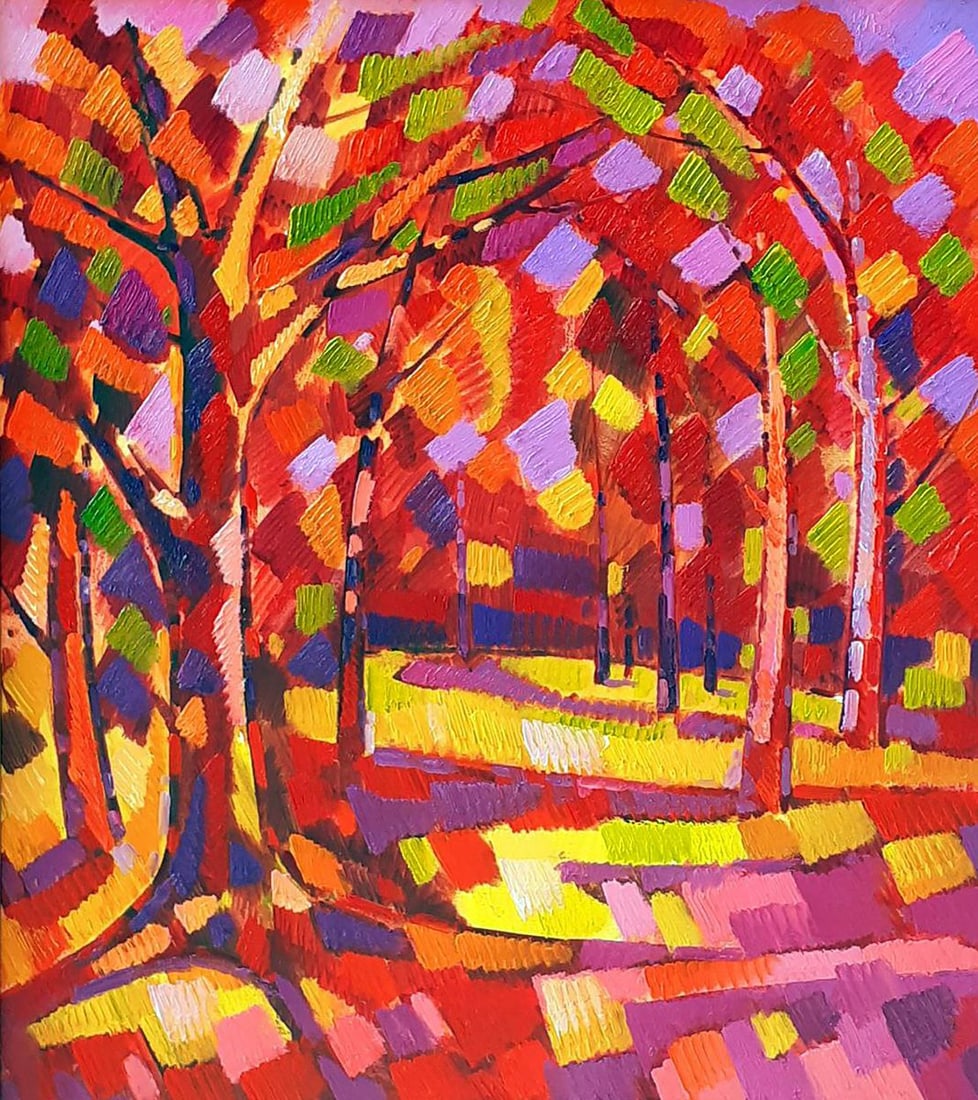 Oil painting Autumn Peter Tovpev: Dobr 859"Autumn" is a vibrant and dynamic oil painting that captures the fiery beauty of the fall season. The composition is an explosion of warm colors and expressive brushstrokes, creating a lively