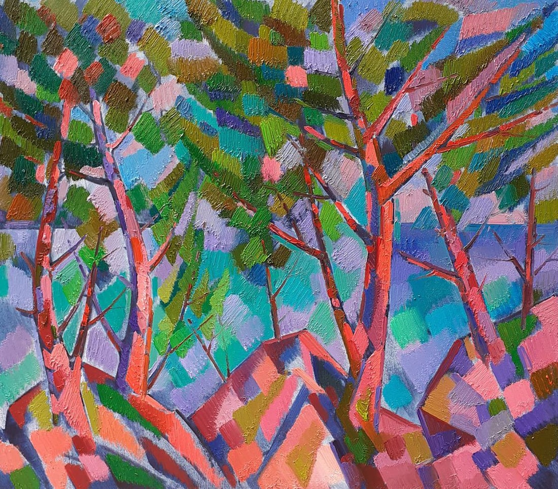 Oil painting Trees among the rocks Peter Tovpev: Dobr 867"Trees among the rocks" is a vibrant and dynamic oil painting that captures the energy and beauty of nature with an abstract and modernist approach. The composition is filled with expressive b