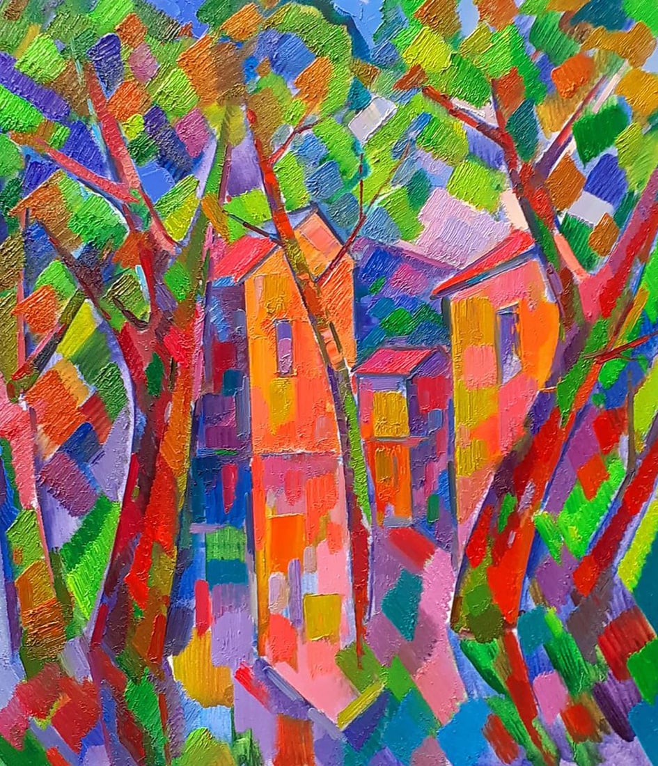 Oil painting Houses through the trees Peter Tovpev: Dobr 869"Houses through the Trees" is a vibrant and dynamic oil painting that captures the interplay between architecture and nature through an abstract and colorful lens. The scene depicts several
