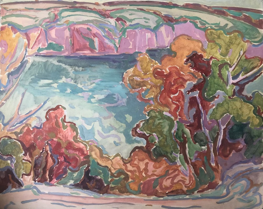 Abstract oil painting Vacation thoughts Peter Tovpev: AAA2200 If you're looking for a piece of art that will transport you to a summer paradise, then look no further than "Vacation Thoughts"! This oil painting features a tranquil lake scene, with lush tr