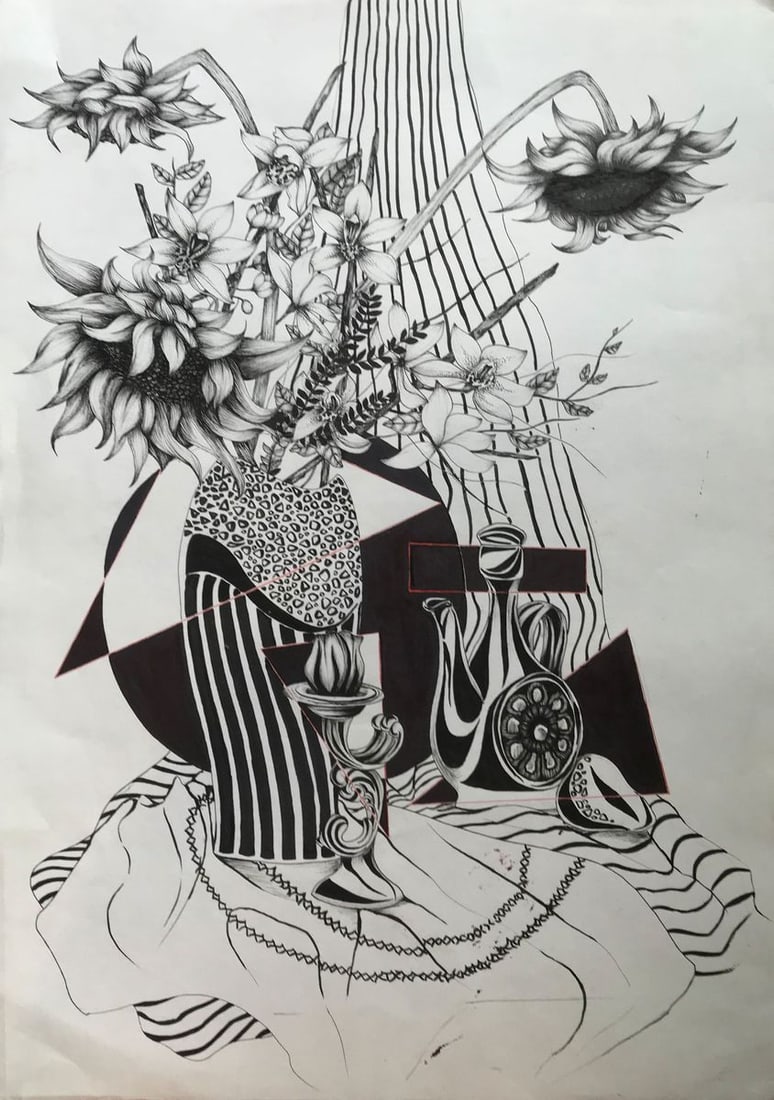 Abstract pen painting Sunflowers and lilies Unknown artist: AAA2270 Looking for a stunning and eye-catching addition to your home decorCheck out this beautiful painting,Sunflowers and Lilies. This abstract painting features a lovely bouquet of sunflowers and