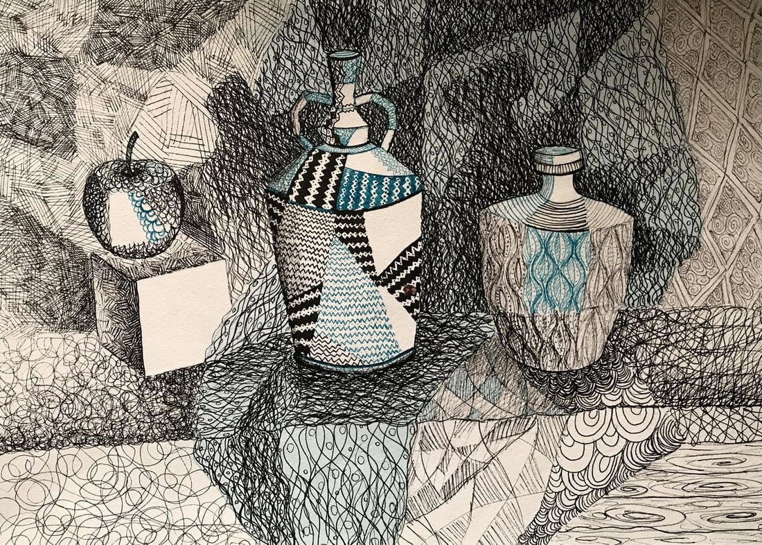 Abstract pen painting Home interior Unknown artist: AAA2303 Introducing the "Home Interior" painting - an abstract still life that is sure to add a touch of elegance to any home. This beautiful painting features a variety of vessels, an apple, and