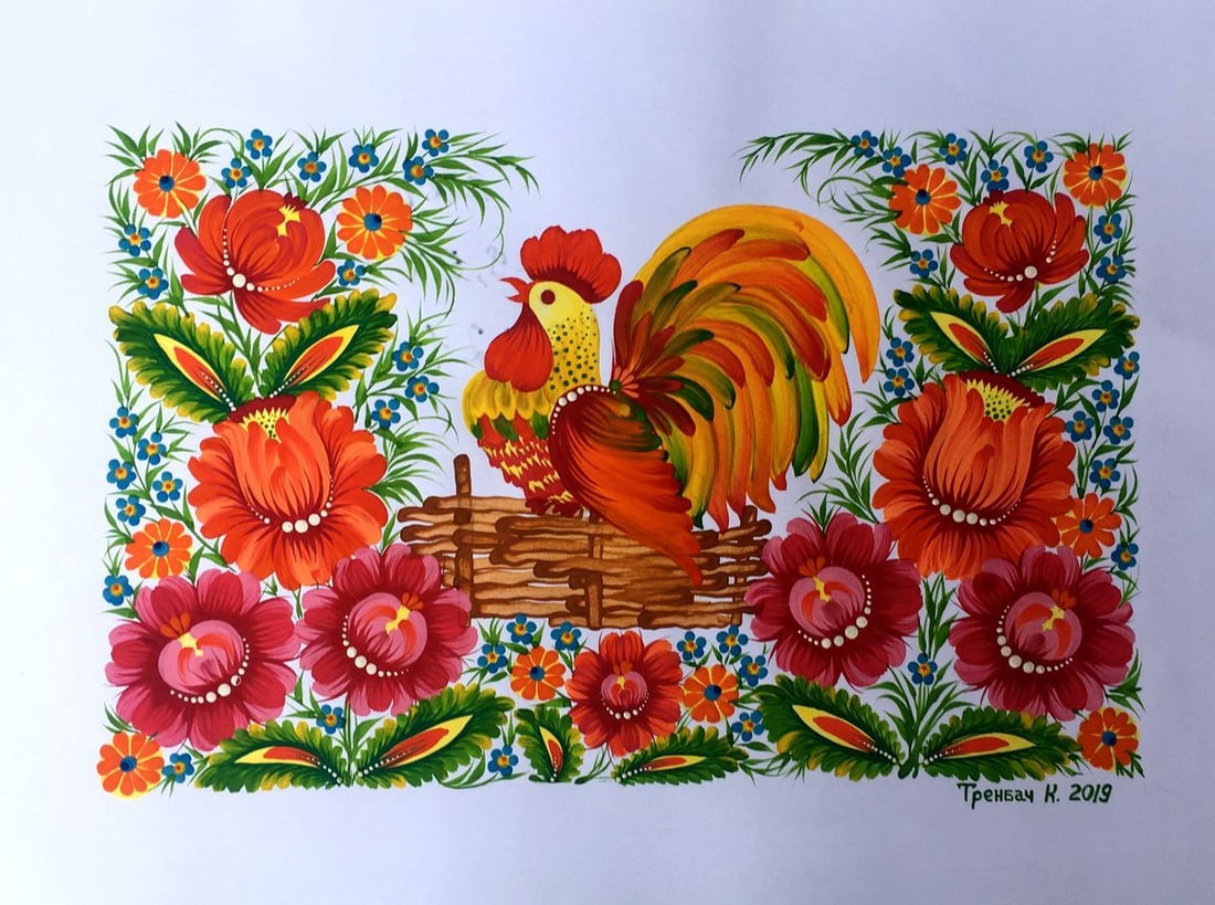 Acrylic painting Rooster portrait Trenbach K.: AAA2421 *** ABOUT THIS PAINTING *** * TITLE: "Rooster portrait" * ARTISTS: Trenbach K. * SIZE: 29.5x40 cm/11.61x15.74 inches' * MEDIUM: acrylic, paper * HAND PAINTED: Original painting from our