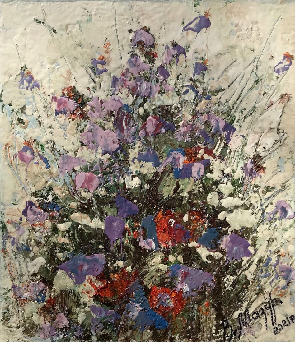 Oil painting Flowers Mazur Vladimir: AAA2672 The oil painting is a vibrant depiction of abstract flowers in striking shades of red, blue, and purple. The blooms appear to be almost bursting out of the canvas, with thick layers of paint g