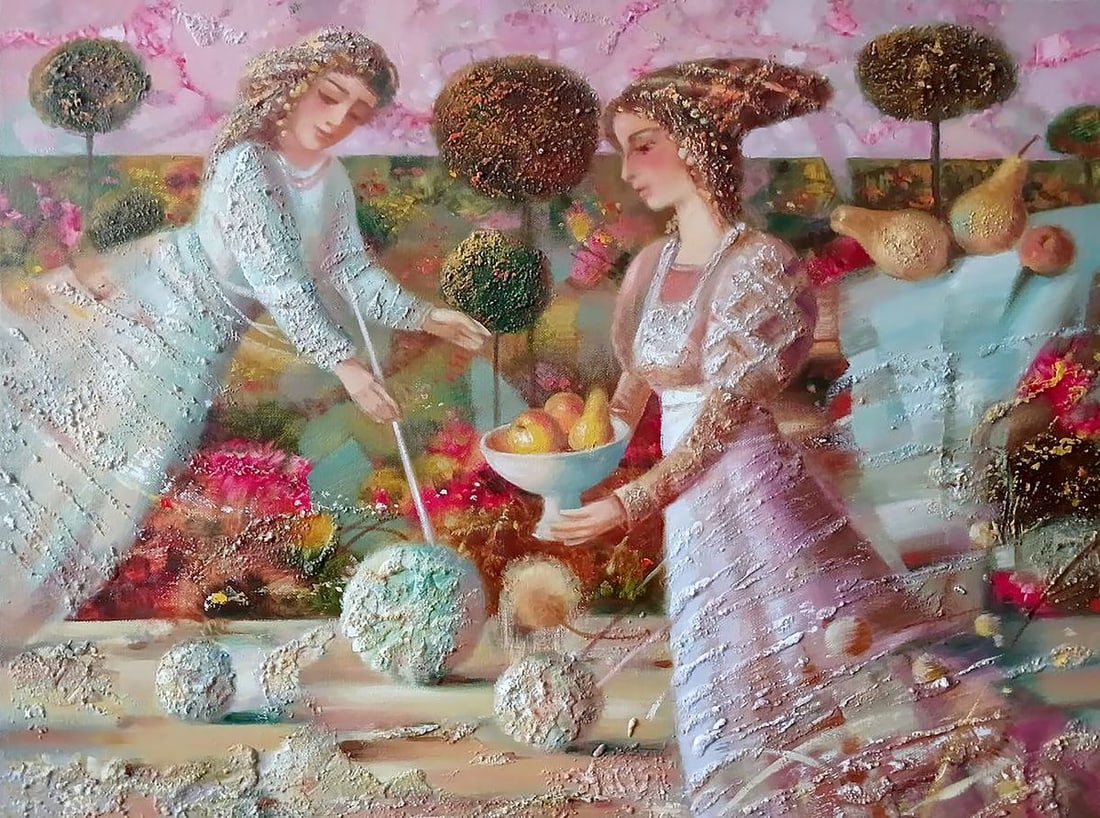 Abstract oil painting Autumn mirage Anatoly Tarabanov: Tar 338This painting depicts two women in vintage dresses interacting with each other in a garden. They are painted in a stylized manner using a technique reminiscent of impasto, in which paint is app