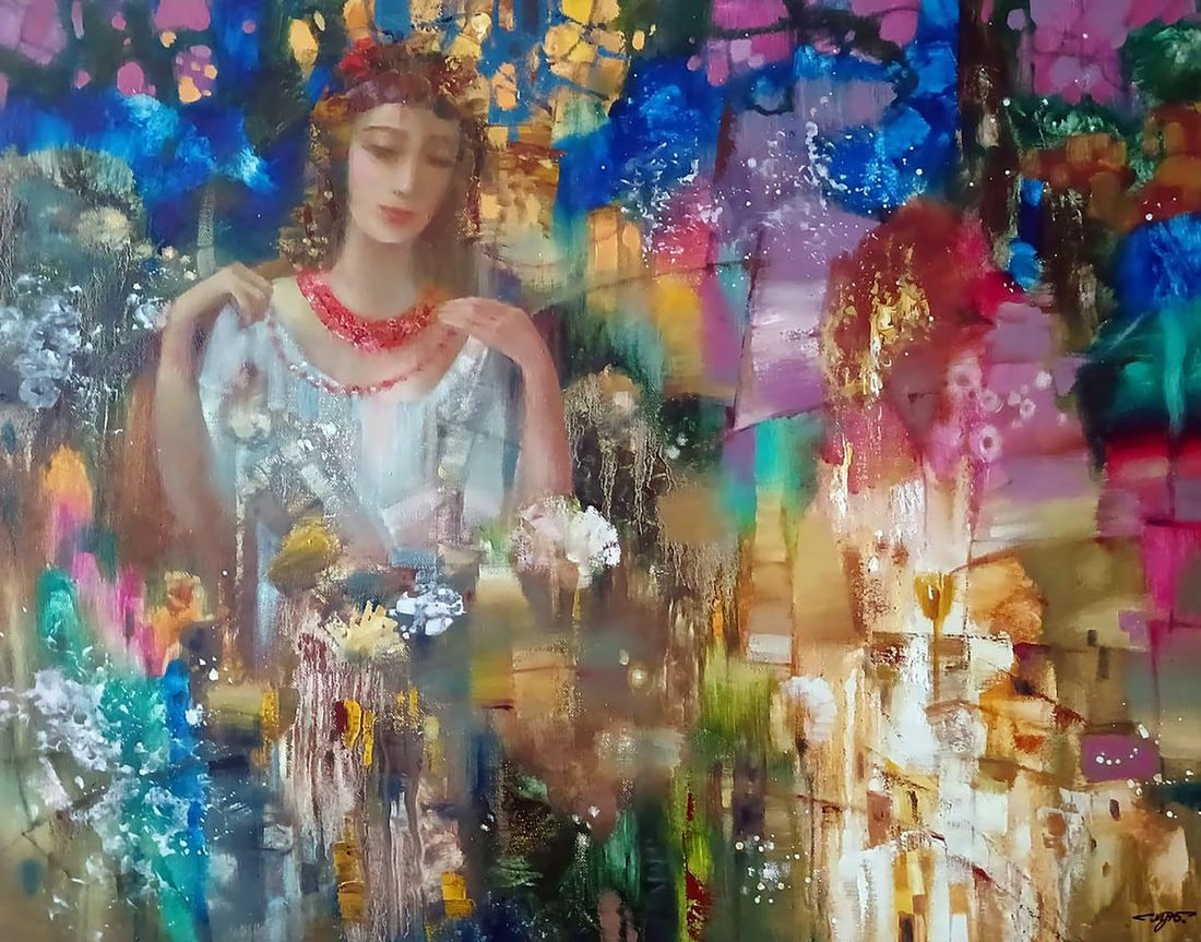 Abstract oil painting Red beads Anatoly Tarabanov: Tar 339This painting has a dreamy and almost ethereal atmosphere. It depicts a woman in a long light dress decorated with a floral pattern. She wears a wreath or decoration on her head, emphasizing he