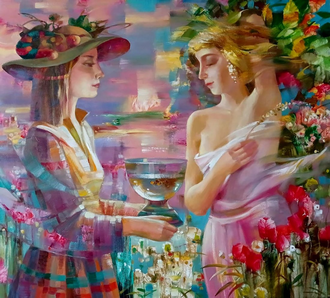 Abstract oil painting Morning nectar Anatoly Tarabanov: Tar 343This canvas depicts two women standing opposite each other in a flowering garden. The setting of the painting is filled with bright colors and greenery, creating an atmosphere of lush nature an