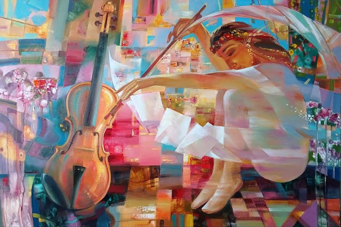 Abstract oil painting Legato Anatoly Tarabanov: Tar 344The painting depicts a ballerina, made in a dynamic and expressive style. She is immersed in dance, her pose reflecting the movement and grace of ballet. The ballerina is dressed in a light