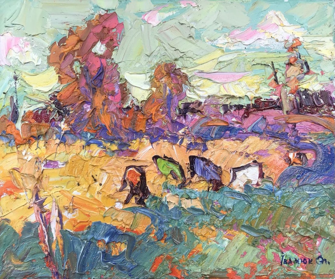 Abstract oil painting Golden stubble Kalenyuk Alex: Kalen 801 *** ABOUT THIS PAINTING *** * TITLE: "Golden stubble" * ARTISTS: Kalenyuk Alex * SIZE: 25x30 cm/9.84x11.81inches' * MEDIUM: oil, canvas * HAND PAINTED: Original painting from our collection 