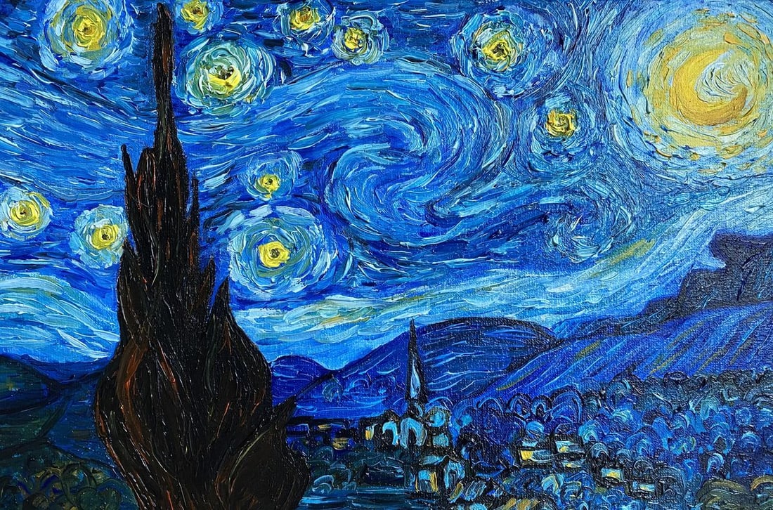 Abstract oil painting Copy of Van Gogh "Moonlit Night" Valeria Barabash: 1027AAA *** ABOUT THIS PAINTING *** * TITLE: Copy of Van Gogh "Moonlit Night" * ARTISTS: Valeria Barabash * SIZE: 20x30 cm/7.87x11.81 inches' * MEDIUM: oil, canvas * HAND PAINTED: Original painting