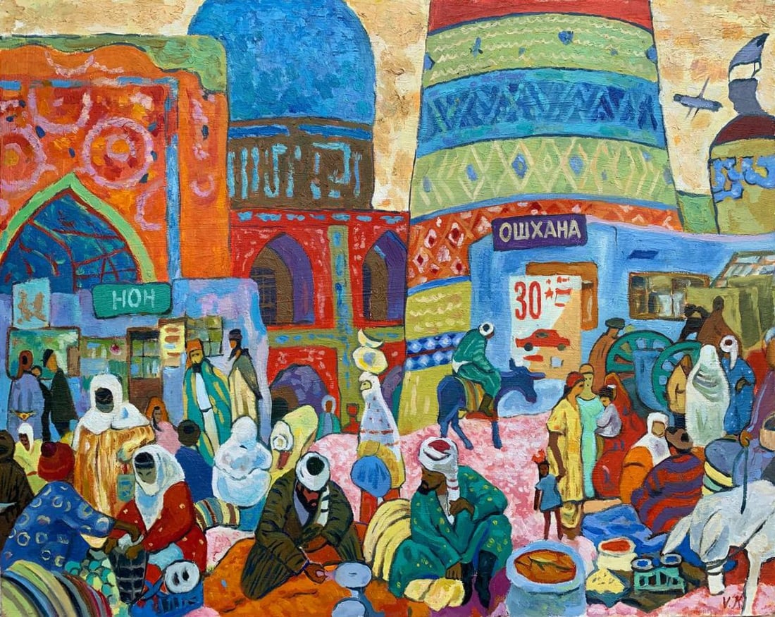 Abstract oil painting East market Victor Kokurin: 1542 *** ABOUT THIS PAINTING *** * TITLE: " East market " * ARTISTS: Victor Kokurin * SIZE: 40x50 cm/15.7x19.68 inches' * MEDIUM: oil. cardboard * HAND PAINTED: Original painting from our collection