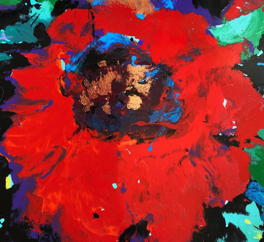 Oil painting Flash of Red Flower Natalia Korf-Ivaniuk: Korf 12*** ABOUT THIS PAINTING **** TITLE: "Flash of Red Flower"* ARTISTS: Natalia Korf-Ivaniuk* SIZE: 140x130 cm/55.11x51.18 inches' * MEDIUM: oil, enamel, canvas* HAND PAINTED: Original painting