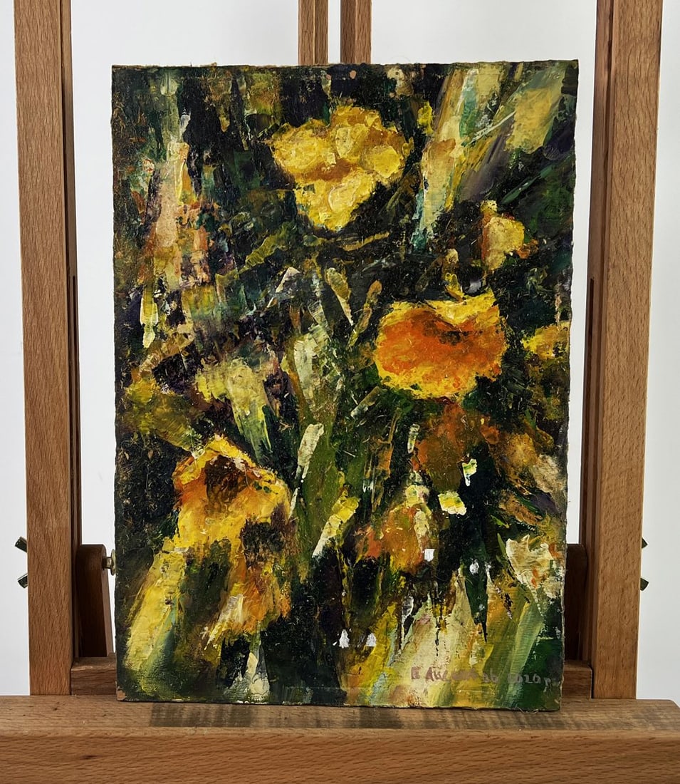Oil painting Fragrant yellow flowers Vadim Aksenov: AAA5022The oil painting on hardboard titled "Fragrant yellow flowers" is a radiant explosion of color and texture, evoking the lush presence of blooming flora through an abstract impressionist lens.