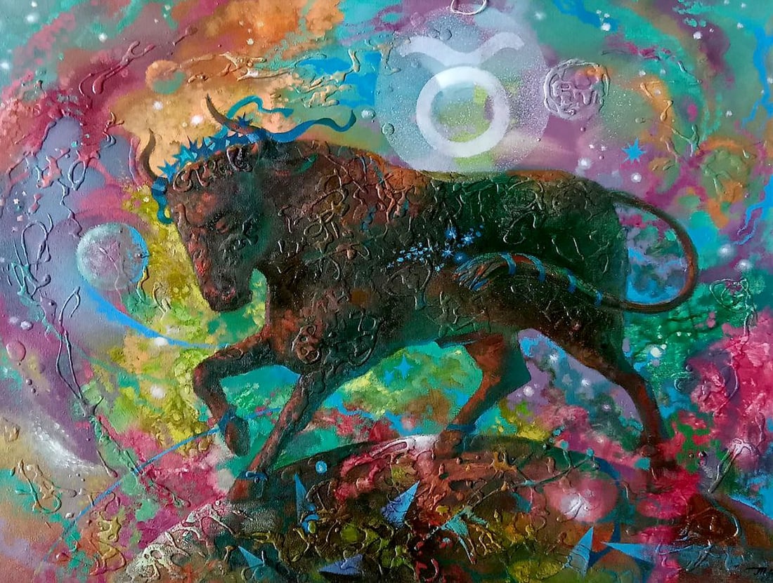 Abstract oil painting Taurus Anatoly Borisovich Tarabanov: Tar 302In the enchanting abstraction titled "Taurus," a mesmerizing portrayal of the zodiac sign comes to life on a canvas adorned with an explosion of colors. The artist's brush strokes effortlessly