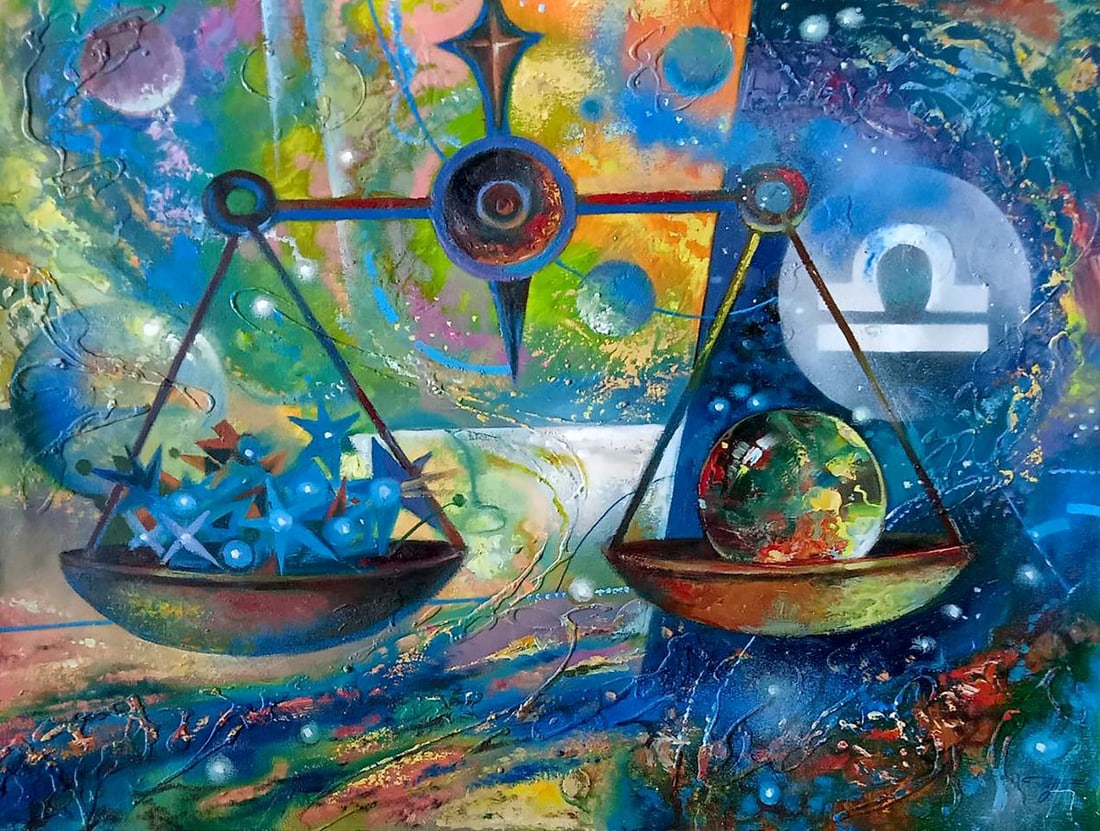 Abstract oil painting Scales Anatoly Borisovich Tarabanov: Tar 305"Scales" is a mesmerizing oil painting that brings to life the abstract representation of the zodiac sign Libra. This enigmatic artwork showcases a celestial marvel where the artist skillfully