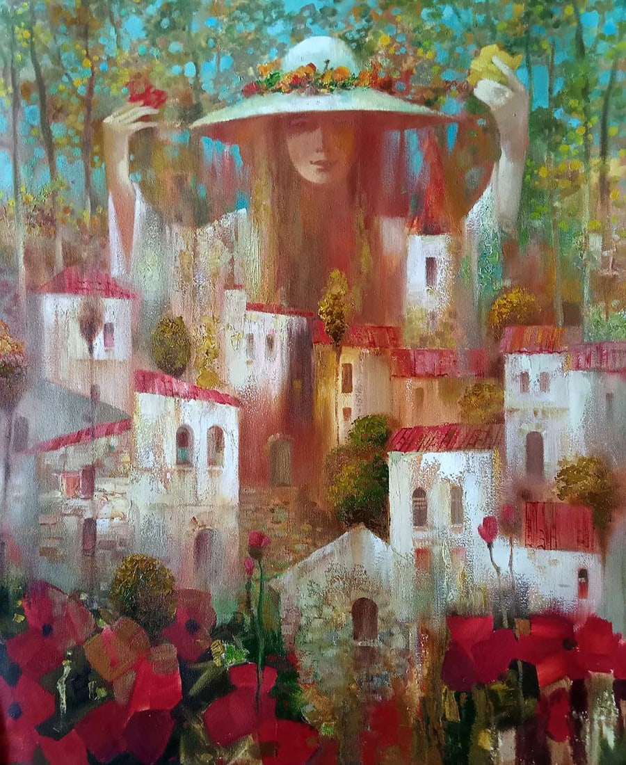 Abstract oil painting Autumn city Anatoly Borisovich Tarabanov: Tar 307"Autumn City" is a captivating oil painting that ventures into the realm of abstraction to portray a dreamlike vision of a girl suspended above a vibrant cityscape. The artist skillfully