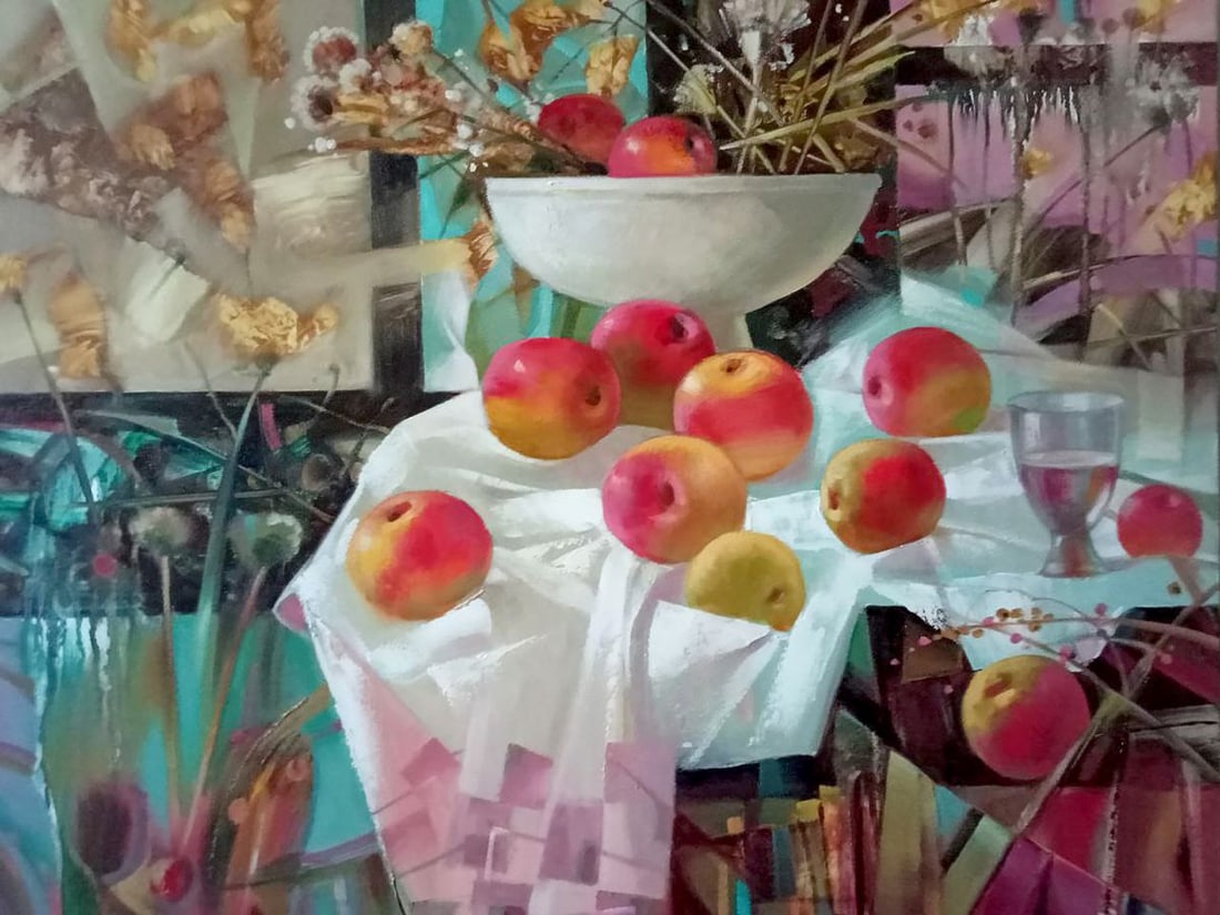 Abstract oil painting Apples Anatoly Borisovich Tarabanov: Tar 311In the masterpiece titled "Apples," the artist's creative vision comes to life through a mesmerizing abstraction that captures the essence of simplicity and vibrancy. This oil painting is a