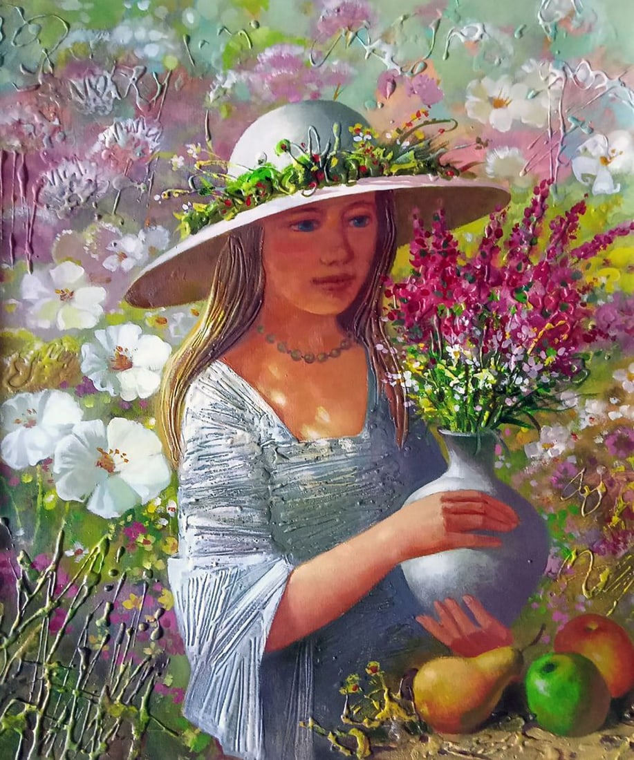 Abstract oil painting Girl with a bouquet Anatoly Borisovich Tarabanov: Tar 314"Girl with a Bouquet" is a mesmerizing oil painting that invites the viewer into a world of enchanting abstraction. The canvas brims with an ethereal ambiance, capturing a harmonious