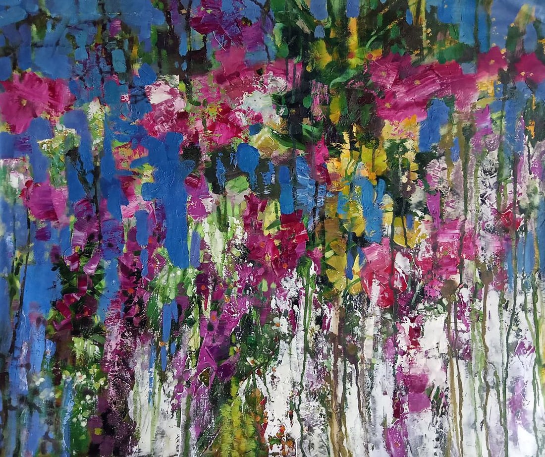 Abstract oil painting White dream Anatoly Borisovich Tarabanov: Tar 320"White Dream" is a captivating oil painting that seamlessly weaves the realms of imagination and reality. This vibrant abstraction portrays a mesmerizing bouquet of purple flowers that dance