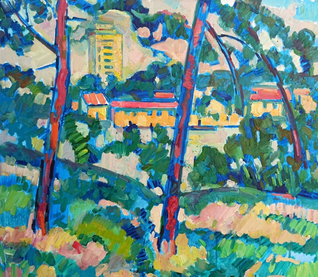 Abstract oil painting City view Peter Tovpev: Dobr 36 *** ABOUT THIS PAINTING *** * TITLE: "City view" * ARTISTS: Peter Tovpev * SIZE: 75x85 cm/29.52x33.46 inches' * MEDIUM: oil, canvas * HAND PAINTED: Original painting from our collection *